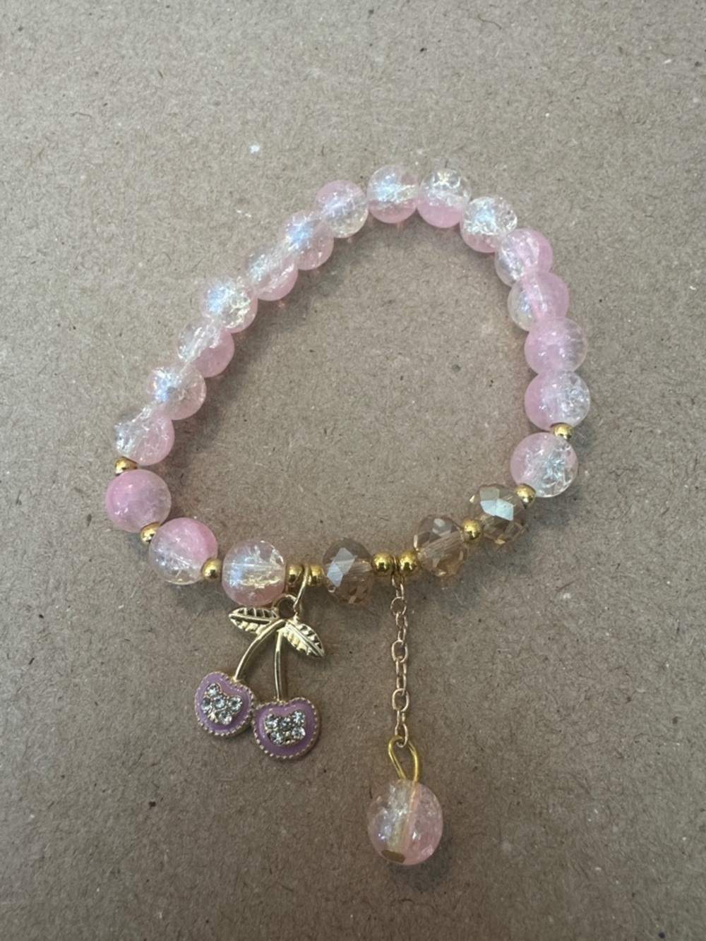 Pink Crackle Bead Bracelet with Cherry Charm